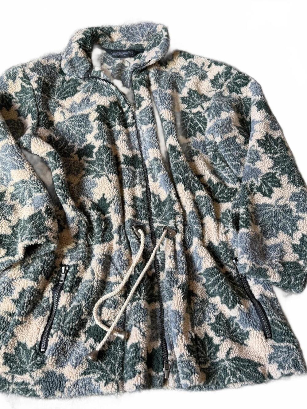 Black Diamond Floral Sherpa Fleece Jacket Green Cream Womens Size Small USA
